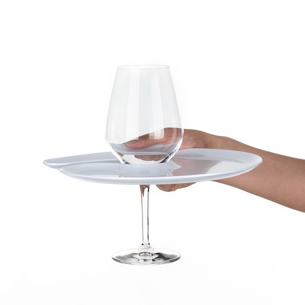 1handPlate big glossy white plate with a hole for the wine glass just held with one hand