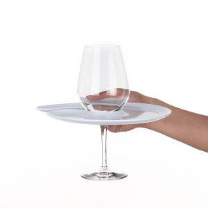 1handPlate small glossy white plate with a hole for the wine glass just held with one hand